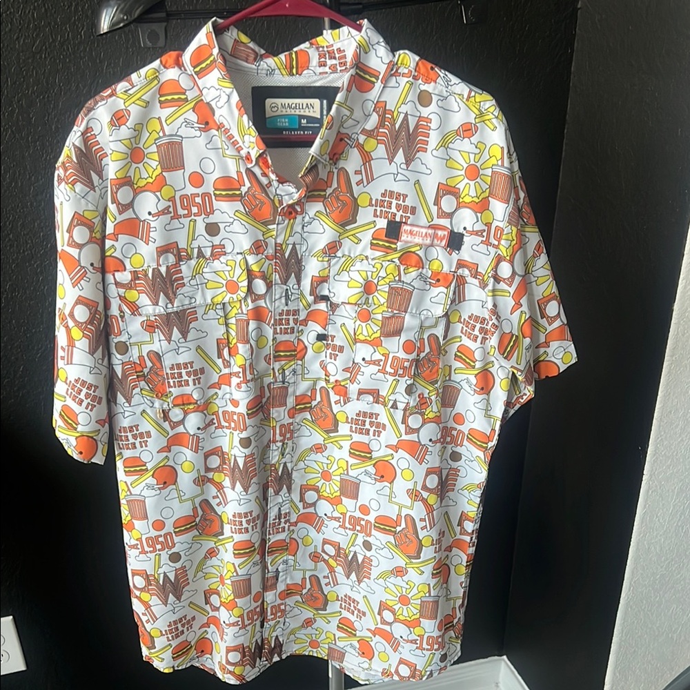 Magellan Outdoors White Orange Yellow Graphic Short-Sleeve Camp Shirt